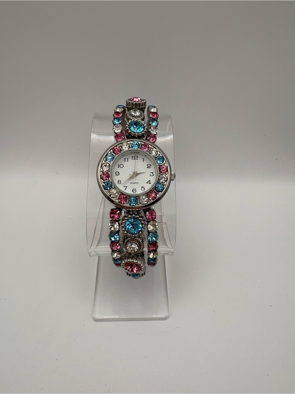 Crystal Accent Pink, White, & Blue Bracelet Watch Stainless Steel Stretchy Band
